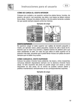 Instrucciones para el usuario
19
CÓMO SE CARGA EL CESTO INFERIOR
Coloque con cuidado y en posición vertical los platos llanos, hondos, de
postre y de servir, Las cacerolas, las ollas y sus tapas se deben colocar
boca abajo. Coloque los platos hondos y los de postre teniendo cuidado
de que quede siempre espacio entre los mismos.
Ejemplos de carga:
CESTO SUPERIOR
Es oportuno cargar el cesto superior con vajillas de tamaño pequeño o
medio, por ejemplo vasos, platos pequeños, tacitas de café o tazas de té,
tazones que no sean muy hondos y objetos livianos de plástico pero que
sean resistentes al calor. En caso de que utilice el cesto superior en la
posición más baja, recuerde que lo podrá llenar incluso con platos de servir
siempre que no estén muy sucios.
CÓMO CARGAR EL CESTO SUPERIOR
Colocar los platos mirando hacia adelante; las tazas y otros recipientes
cóncavos deberán depositarse siempre con la abertura mirando hacia
abajo. El lado izquierdo del cesto se puede cargar con tazas y vasos
dispuestos en dos pisos. En el centro se pueden colocar platos y
platillos insertándolos verticalmente en los correspondientes soportes.
Ejemplos de carga:
 
