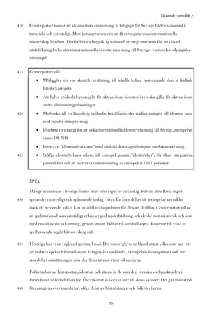 Yttrande - område 7

410   Centerpartiet menar att sådana stora evenemang är till gagn för Sverige både ekonomiskt,
      turistiskt och idrottsligt. Men konkurrensen om att få arrangera stora internationella
      mästerskap hårdnar. Därför bör en långsiktig nationell strategi utarbetas för att i ökad
      utsträckning locka stora internationella idrottsevenemang till Sverige, exempelvis olympiska
      vinterspel.


415   Centerpartiet vill:
          •   Möjliggöra en viss skattefri ersättning till ideella ledare motsvarande den så kallade
              bärplockarregeln
          •   Att halva prisbasbeloppsregeln för aktiva inom idrotten även ska gälla för aktiva inom
              andra allmännyttiga föreningar
420       •   Medverka till en långsiktig utfästelse beträffande det statliga anslaget till idrotten samt
              med mindre detaljstyrning
          •   Utarbeta en strategi för att locka internationella idrottsevenemang till Sverige, exempelvis
              vinter-OS 2018
          •   Inrätta ett "idrottsutövarkonto" med särskild skattelagstiftningen, med skatt vid uttag
425       •   Stödja idrottsrörelsens arbete, till exempel genom ”idrottslyftet”, för ökad integration,
              jämställdhet och att motverka diskriminering av exempelvis HBT-personer



      SPEL
      Många människor i Sverige finner stort nöje i spel av olika slag. För de allra flesta utgör
430   spelandet ett trevligt och spännande inslag i livet. En liten del av de som spelar utvecklar
      dock ett beroende, vilket kan leda till svåra problem för de som drabbas. Centerpartiet vill se
      en spelmarknad som samtidigt erbjuder god underhållning och skydd mot missbruk och som
      med en del av sin avkastning, genom staten, bidrar till samhällsnytta. Resurser till vård av
      spelberoende utgör här en viktig del.

435   I Sverige har vi en reglerad spelmarknad. Det som regleras är bland annat vilka som har rätt
      att bedriva spel och förhållanden kring själva spelandet, exempelvis åldersgränser och hur
      stor del av omsättningen som ska delas ut som vinst till spelarna.

      Folkrörelserna, hästsporten, idrotten och staten är de som den svenska spelmarknaden i
      första hand är förbehållen för. Överskottet ska också åter till dessa aktörer. Det går främst till
440   föreningarnas verksamheter, olika delar av hästnäringen och folkrörelserna.


                                                      15
 