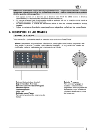 ES
8
El fabricante declinará toda responsabilidad por posibles lesiones a las personas o daños a las cosas que
deriven de la falta de conexión o de una errónea conexión a tierra. La ejecución de una correcta conexión
eléctrica garantiza máxima seguridad.
 Este aparato cumple con lo dispuesto por la Directiva CEE 89/336 del 3.5.89 (incluida la Directiva
modificadora 92/31/CEE) relativa a la eliminación de radiointerferencias.
 En caso de dañarse el cable de alimentación, podrá ser sustituido sólo con un recambio original, puesto a
disposición por nuestro Servicio de Asistencia.
 No introducir/extraer el enchufe de alimentación desde la toma de corriente teniendo las manos
mojadas.
 Extraer el enchufe de alimentación respecto de la toma sujetando el enchufe, sin tirar nunca el cable.
3. DESCRIPCIÓN DE LOS MANDOS
3.1 PANEL DE MANDOS
Todos los mandos y controles del aparato se presentan como conjunto en el panel frontal.
Selector Programas
Para encender y apagar la
lavadora y seleccionar los
programas. Rotación posible en
ambas direcciones. El selector
no gira durante la ejecución de
los programas.
Monitor: presenta las programaciones (velocidad de centrifugado, estatus de los programas, flexi
time, activación de protección niños, peso máximo aconsejado). Las programaciones pueden ser
modificadas mediante los botones que a continuación se indican.
Botones (de izquierda a derecha):
Baja temperatura de lavado
Selección velocidad de centrifugado
Selección opción
Confirmar opción
Child Lock
Botón Arranque/Pausa:
Para activar y detener los programas de
trabajo
 