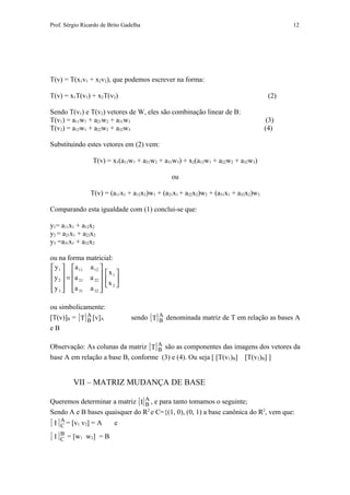 Prof. Sérgio Ricardo de Brito Gadelha                                                     12




T(v) = T(x1v1 + x2v2), que podemos escrever na forma:

T(v) = x1T(v1) + x2T(v2)                                                            (2)

Sendo T(v1) e T(v2) vetores de W, eles são combinação linear de B:
T(v1) = a11w1 + a21w2 + a31w3                                                       (3)
T(v2) = a12w1 + a22w2 + a32w3                                                      (4)

Substituindo estes vetores em (2) vem:

                 T(v) = x1(a11w1 + a21w2 + a31w3) + x2(a12w1 + a22w2 + a32w3)

                                              ou

                T(v) = (a11x1 + a12x2)w1 + (a21x1 + a22x2)w2 + (a31x1 + a32x2)w3

Comparando esta igualdade com (1) conclui-se que:

y1= a11x1 + a12x2
y2 = a21x1 + a22x2
y3 =a31x1 + a32x2

ou na forma matricial:
 y 1   a 11 a 12 
 y  = a            x 
   2     21 a 22   1 
                     x
 y 3  a 31 a 32   2 
                 

ou simbolicamente:
[T(v)]B = [ T ] A [v]A
                B                sendo [ T ] A denominada matriz de T em relação as bases A
                                             B
eB

Observação: As colunas da matriz [ T ] A são as componentes das imagens dos vetores da
                                       B
base A em relação a base B, conforme (3) e (4). Ou seja [ [T(v1)B] [T(v2)B] ]


         VII – MATRIZ MUDANÇA DE BASE

Queremos determinar a matriz [ I] A , e para tanto tomamos o seguinte;
                                  B
Sendo A e B bases quaisquer do R2 e C={(1, 0), (0, 1) a base canônica do R2, vem que:
[ I ] C = [v1 v2] = A
      A
                          e
[ I ] C = [w1 w2] = B
      B
 