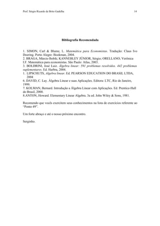 Prof. Sérgio Ricardo de Brito Gadelha                                            14




                                  Bibliografia Recomendada


1. SIMON, Carl & Blume, L. Matemática para Economistas. Tradução: Claus Ivo
Doering. Porto Alegre: Bookman, 2004.
2. BRAGA, Márcio Bobik; KANNEBLEY JÚNIOR, Sérgio; ORELLANO, Verônica
I.F. Matemática para economistas. São Paulo: Atlas, 2003.
3. BOLDRINI, José Luiz. Álgebra linear: 591 problemas resolvidos. 442 problemas
suplementares. Ed. Harbra, 2004.
1. LIPSCHUTS, Algebra linear. Ed. PEARSON EDUCATION DO BRASIL LTDA,
   2004
6. DAVID, C. Lay. Álgebra Linear e suas Aplicações. Editora: LTC, Rio de Janeiro,
1999.
7. KOLMAN, Bernard. Introdução a Álgebra Linear com Aplicações. Ed. Prentice-Hall
do Brasil, 2000.
8.ANTON, Howard. Elementary Linear Algebra. 3a ed. John Wiley & Sons, 1981.

Recomendo que vocês exercitem seus conhecimentos na lista de exercícios referente ao
“Ponto 49”.

Um forte abraço e até o nosso próximo encontro.

Serginho.
 