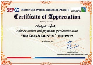 SEPCO Apprciation Certificate