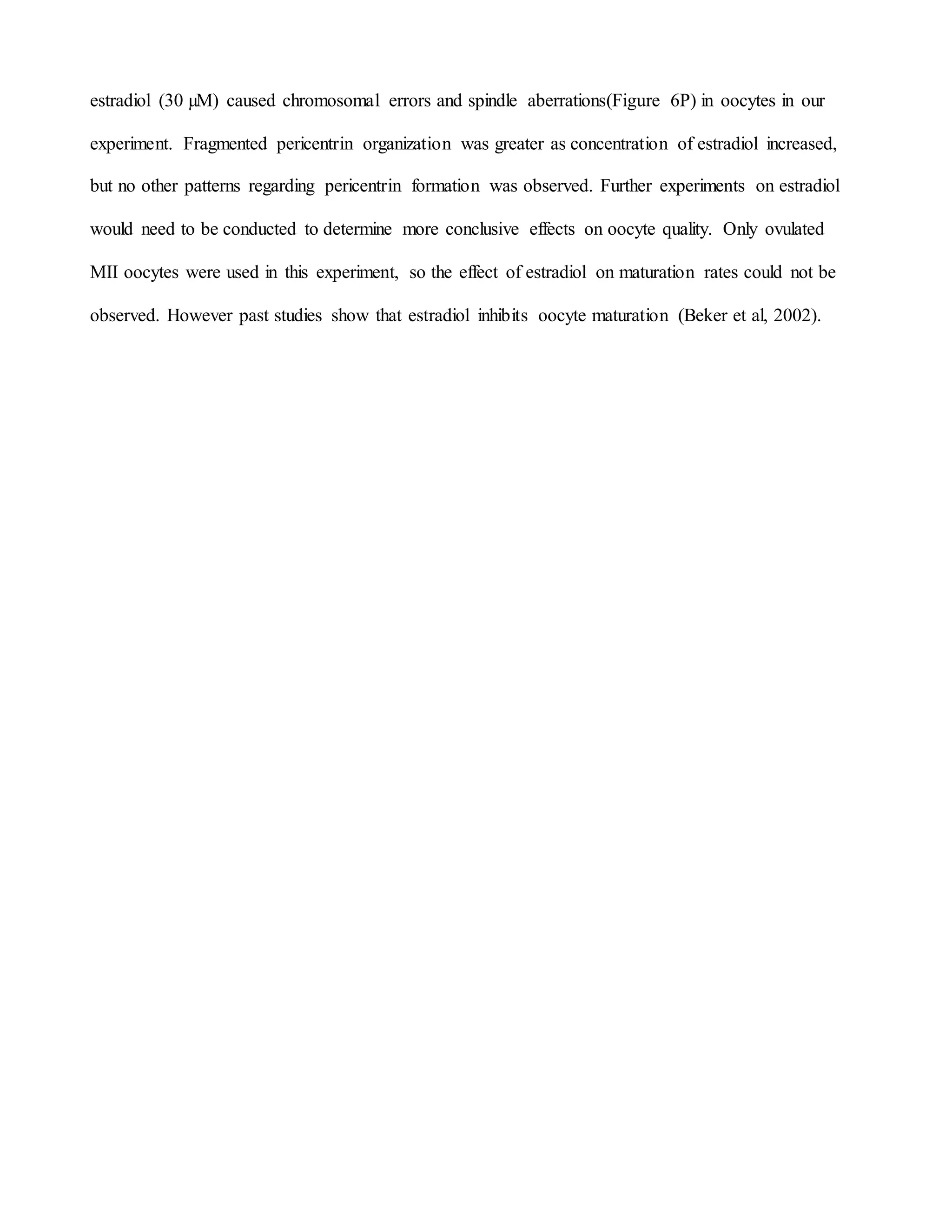 estradiol (30 µM) caused chromosomal errors and spindle aberrations(Figure 6P) in oocytes in our
experiment. Fragmented pericentrin organization was greater as concentration of estradiol increased,
but no other patterns regarding pericentrin formation was observed. Further experiments on estradiol
would need to be conducted to determine more conclusive effects on oocyte quality. Only ovulated
MII oocytes were used in this experiment, so the effect of estradiol on maturation rates could not be
observed. However past studies show that estradiol inhibits oocyte maturation (Beker et al, 2002).
 