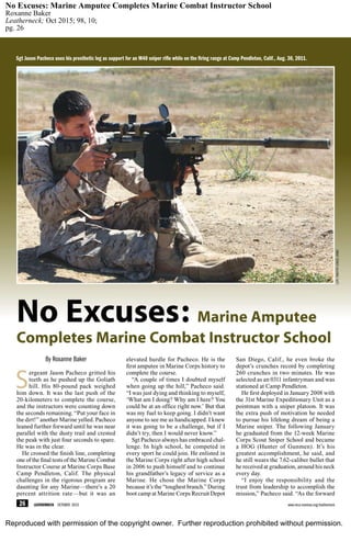 Reproduced with permission of the copyright owner. Further reproduction prohibited without permission.
No Excuses: Marine Amputee Completes Marine Combat Instructor School
Roxanne Baker
Leatherneck; Oct 2015; 98, 10;
pg. 26
 