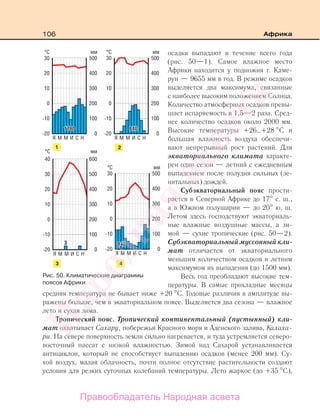 106 Африка
осадки выпадают в течение всего года
(рис. 50—1). Самое влажное место
Африки находится у подножия г. Каме-
рун — 9655 мм в год. В режиме осадков
выделяется два максимума, связанные
с наиболее высоким положением Солнца.
Количество атмосферных осадков превы-
шает испаряемость в 1,5—2 раза. Сред-
нее количество осадков около 2000 мм.
Высокие температуры +26…+28 С и
большая влажность воздуха обеспечи-
вают непрерывный рост растений. Для
экваториального климата характе-
рен один сезон — летний с ежедневным
выпадением после полудня сильных (зе-
нитальных) дождей.
Субэкваториальный пояс прости-
рается в Северной Африке до 17 с. ш.,
а в Южном полушарии — до 20 ю. ш.
Летом здесь господствуют экваториаль-
ные влажные воздушные массы, а зи-
мой — сухие тропические (рис. 50—2).
Субэкваториальный муссонный кли-
мат отличается от экваториального
меньшим количеством осадков и летним
максимумом их выпадения (до 1500 мм).
Весь год преобладают высокие тем-
пературы. В самые прохладные месяцы
средняя температура не бывает ниже +20 С. Годовые различия в амплитуде вы-
ражены больше, чем в экваториальном поясе. Выделяется два сезона — влажное
лето и сухая зима.
Тропический пояс. Тропический континентальный (пустынный) кли-
мат охватывает Сахару, побережья Красного моря и Аденского залива, Калаха-
ри. На севере поверхность земли сильно нагревается, и туда устремляется северо-
восточный пассат с низкой влажностью. Зимой над Сахарой устанавливается
антициклон, который не способствует выпадению осадков (менее 200 мм). Су-
хой воздух, малая облачность, почти полное отсутствие растительности создают
условия для резких суточных колебаний температуры. Лето жаркое (до +35 С),
Рис. 50. Климатические диаграммы
поясов Африки
Правообладатель Народная асвета
Народная
асвета
 