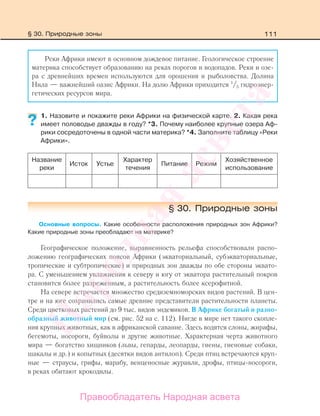 111
Реки Африки имеют в основном дождевое питание. Геологическое строение
материка способствует образованию на реках порогов и водопадов. Реки и озе-
ра с древнейших времен используются для орошения и рыболовства. Долина
Нила — важнейший оазис Африки. На долю Африки приходится 1
/5 гидроэнер-
гетических ресурсов мира.
1. Назовите и покажите реки Африки на физической карте. 2. Какая река
имеет половодье дважды в году? *3. Почему наиболее крупные озера Аф-
рики сосредоточены в одной части материка? *4. Заполните таблицу «Реки
Африки».
Название
реки
Исток Устье
Характер
течения
Питание Режим
Хозяйственное
использование
§ 30. Природные зоны
Основные вопросы. Какие особенности расположения природных зон Африки?
Какие природные зоны преобладают на материке?
Географическое положение, выравненность рельефа способствовали распо-
ложению географических поясов Африки (экваториальный, субэкваториальные,
тропические и субтропические) и природных зон дважды по обе стороны эквато-
ра. С уменьшением увлажнения к северу и югу от экватора растительный покров
становится более разреженным, а растительность более ксерофитной.
На севере встречается множество средиземноморских видов растений. В цен-
тре и на юге сохранились самые древние представители растительности планеты.
Среди цветковых растений до 9 тыс. видов эндемиков. В Африке богатый и разно-
образный животный мир (см. рис. 52 на с. 112). Нигде в мире нет такого скопле-
ния крупных животных, как в африканской саванне. Здесь водятся слоны, жирафы,
бегемоты, носороги, буйволы и другие животные. Характерная черта животного
мира — богатство хищников (львы, гепарды, леопарды, гиены, гиеновые собаки,
шакалы и др.) и копытных (десятки видов антилоп). Среди птиц встречаются круп-
ные — страусы, грифы, марабу, венценосные журавли, дрофы, птицы-носороги,
в реках обитают крокодилы.
?
§ 30. Природные зоны
Правообладатель Народная асвета
Народная
асвета
 