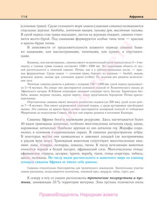 114 Африка
(слоновая трава). Среди сплошного моря злаков (злаковая саванна) возвышаются
отдельные деревья: баобабы, зонтичная акация, пальмы дум, масличные пальмы.
В сухой период года травы высыхают, листья на деревьях опадают, саванна стано-
вится желто-бурой. Под саваннами формируются особые типы почв — красные
и красно-бурые почвы.
В зависимости от продолжительности влажного периода саванны быва-
ют влажными, или высокотравными, типичными, или сухими, и опустынен-
ными.
Влажные, или высокотравные, саванны имеют незначительный сухой период (около 3—4 ме-
сяцев), а годовая сумма осадков составляет 1500—1000 мм. Это переходная область от лес-
ной растительности к типичной саванне. Почвы, как и у субэкваториальных лесов, — крас-
ные ферраллитные. Среди злаков — слоновая трава, бородач, из деревьев — баобаб, акация,
рожковое дерево, пальма дум, хлопковое дерево (сейба). По долинам рек развиты вечнозеле-
ные леса.
Типичные саванны развиты в районах с осадками 750—1000 мм, сухой период продолжает-
ся 5—6 месяцев. На севере они простираются сплошной полосой от Атлантического океана до
Эфиопского нагорья. В Южном полушарии занимают северную часть Анголы. Характерны бао-
бабы, акации, веерные пальмы, дерево карите, злаки представлены бородачом. Почвы красно-
коричневые.
Опустыненные саванны имеют меньшее количество осадков (до 500 мм), сухой сезон длит-
ся 7—9 месяцев. Они имеют разреженный злаковый покров, а среди кустарников преобладают
акации. Эти саванны на красно-бурых почвах простираются неширокой полосой от побережья
Мавритании до полуострова Сомали. На юге они широко развиты в котловине Калахари.
Саванны Африки богаты кормовыми ресурсами. Здесь насчитывается более
40 видов травоядных копытных, особенно многочисленны антилопы (куду, канна,
карликовые антилопы). Наиболее крупная из них антилопа гну. Жирафы сохра-
нились в основном в национальных парках. В саваннах распространены зебры.
В некоторых местах они одомашнены и заменяют лошадей (не восприимчивы
к укусам мухи цеце). Травоядным животным сопутствуют многочисленные хищ-
ники: львы, гепарды, леопарды, шакалы, гиены. К числу исчезающих животных
относятся черный и белый носорог, африканский слон. Многочисленны птицы:
африканские страусы, цесарки, турачи, марабу, ткачи, птица-секретарь, чибисы,
цапли, пеликаны. По числу видов растительного и животного мира на единицу
площади саванны Африки не имеют себе равных.
Саванны относительно благоприятны для тропического земледелия. Значительные участки
саванн распаханы, возделываются хлопчатник, земляной орех, кукуруза, табак, сорго, рис.
К северу и югу от саванн расположены тропические полупустыни и пус-
тыни, занимающие 33 % территории материка. Зона пустынь отличается очень
Правообладатель Народная асвета
Народная
асвета
 