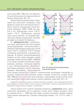 137
всего лишь 200—300 мм в год. Иногда в
течение нескольких лет подряд вообще не
бывает дождей (рис. 64—2).
Тропический влажный климат харак-
терен для восточного побережья, куда
приносит осадки юго-восточный пассат с
Тихого океана, усиливаемый летом мус-
соном. Выпадает 1000—1500 мм осад-
ков в год. Температуры летом +24 °С,
зимой +14 °С. Тропические циклоны
здесь частое явление. (С помощью фи-
зической карты установите влияние
рельефа на климат Австралии.)
В субтропическом климатичес-
ком поясе выделяются три типа климата:
средиземноморский, континентальный и
влажный. Температура воздуха здесь летом
около +24 °С, а зимой до +10 °С. Осадки
отличаются количеством и режимом вы-
падения. В области средиземноморского
климата, на юго-западе материка, осадки
выпадают зимой в пределах 600—1000 мм
в год. Такие условия способствуют выра-
щиванию зерновых, винограда, фруктов
и ягод. Континентальный субтропичес-
кий климат охватывает южное побережье
(равнина Налларбор), характеризуется
очень малым количеством осадков и значительными различиями температур по
сезонам. Субтропический влажный климат (годовое количество осадков более
500—600 мм) юго-восточной части материка с максимумом осадков летом позво-
ляет выращивать фруктовые деревья, овощи, кормовые травы (рис. 64—3).
Огромные территории зеленых пастбищ позволяют разводить овец, выращивать разнооб-
разные фрукты и овощи. Именно здесь находится знаменитый «пшенично-овцеводческий пояс»
Австралии, который иногда называют «пшеничным».
Только южная часть острова Тасмания находится в умеренном поясе. Здесь
отмечается прохладное лето и умеренно теплая зима, осадков выпадает много
(в западной части — 2500 мм). На климат острова оказывают влияние окружа-
ющие водные пространства. Средняя температура января +14…+17 °С, июня —
+8 °С.
Рис. 64. Климатические диаграммы
поясов Австралии
§ 37. Австралия: климат. Внутренние воды
Правообладатель Народная асвета
Народная
асвета
 