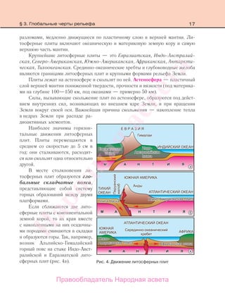 17
разломами, медленно движущиеся по пластичному слою в верхней мантии. Ли-
тосферные плиты включают океаническую и материковую земную кору и самую
верхнюю часть мантии.
Крупнейшие литосферные плиты — это Евразиатская, Индо-Австралий-
ская, Северо-Американская, Южно-Американская, Африканская, Антаркти-
ческая, Тихоокеанская. Срединно-океанические хребты и глубоководные желоба
являются границами литосферных плит и крупными формами рельефа Земли.
Плиты лежат на астеносфере и скользят по ней. Астеносфера — пластичный
слой верхней мантии пониженной твердости, прочности и вязкости (под материка-
ми на глубине 100—150 км, под океанами — примерно 50 км).
Силы, вызывающие скольжение плит по астеносфере, образуются под дейст-
вием внутренних сил, возникающих во внешнем ядре Земли, и при вращении
Земли вокруг своей оси. Важнейшая причина скольжения — накопление тепла
в недрах Земли при распаде ра-
диоактивных элементов.
Наиболее значимы горизон-
тальные движения литосферных
плит. Плиты перемещаются в
среднем со скоростью до 5 см в
год: они сталкиваются, расходят-
ся или скользят одна относительно
другой.
В месте столкновения ли-
тосферных плит образуются гло-
бальные складчатые пояса,
представляющие собой систему
горных образований между двумя
платформами.
Если сближаются две лито-
сферные плиты с континентальной
земной корой, то их края вместе
с накопленными на них осадочны-
ми породами сминаются в складки
и образуются горы. Так, например,
возник Альпийско-Гималайский
горный пояс на стыке Индо-Авст-
ралийской и Евразиатской лито-
сферных плит (рис. 4а). Рис. 4. Движение литосферных плит
§ 3. Глобальные черты рельефа
Правообладатель Народная асвета
Народная
асвета
 