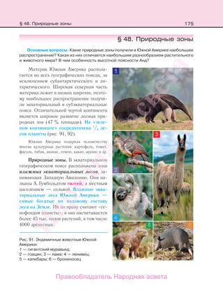 175
§ 48. Природные зоны
Основные вопросы. Какие природные зоны получили в Южной Америке наибольшее
распространение? Какая из них отличается наибольшим разнообразием растительного
и животного мира? В чем особенность высотной поясности Анд?
Материк Южная Америка распола-
гается во всех географических поясах, за
исключением субантарктического и ан-
тарктического. Широкая северная часть
материка лежит в низких широтах, поэто-
му наибольшее распространение получи-
ли экваториальный и субэкваториальные
пояса. Отличительной чертой континента
является широкое развитие лесных при-
родных зон (47 % площади). На «зеле-
ном континенте» сосредоточена 1
/4 ле-
сов планеты (рис. 91, 92).
Южная Америка подарила человечеству
многие культурные растения: картофель, томат,
фасоль, табак, ананас, гевею, какао, арахис и др.
Природные зоны. В экваториальном
географическом поясе расположена зона
влажных экваториальных лесов, за-
нимающая Западную Амазонию. Они на-
званы А. Гумбольдтом гилеей, а местным
населением — сельвой. Влажные эква-
ториальные леса Южной Америки —
самые богатые по видовому составу
леса на Земле. Их по праву считают «ге-
нофондом планеты»: в них насчитывается
более 45 тыс. видов растений, в том числе
4000 древесных.
Рис. 91. Эндемичные животные Южной
Америки:
1 — гигантский муравьед;
2 — гоацин; 3 — лама; 4 — ленивец;
5 — капибары; 6 — броненосец
§ 48. Природные зоны
Правообладатель Народная асвета
Народная
асвета
 