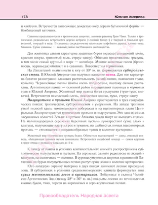 178 Южная Америка
и кактусов. Встречается запасающее дождевую воду дерево бутылочной формы —
бомбаксовый ваточник.
Саванны продолжаются и в тропических широтах, занимая равнину Гран-Чако. Только в тро-
пических редколесьях встречается дерево кебрачо («сломай топор») с твердой и тяжелой дре-
весиной, тонущей в воде. В саваннах сосредоточены плантации кофейного дерева, хлопчатника,
бананов. Сухие саванны — важный район пастбищного скотоводства.
Для животных саванн характерна защитная бурая окраска (спицерогий олень,
красная носуха, гривистый волк, страус нанду). Обильно представлены грызуны,
в том числе самый крупный в мире — капибара. Многие животные гилеи (броне-
носцы, муравьеды) обитают и в саваннах. Повсеместны термитники.
На Лаплатской низменности к югу от 30° ю. ш. формируются субтропиче-
ские степи. В Южной Америке они получили название пампа. Для нее характер-
на богатая разнотравно-злаковая растительность (дикий люпин, пампасная трава,
ковыли). Черноземные почвы пампы очень плодородны, поэтому сильно распа-
ханы. Аргентинская пампа — основной район выращивания пшеницы и кормовых
трав в Южной Америке. Животный мир пампы богат грызунами (туко-туко, вис-
кача). Встречаются пампасский олень, пампасская кошка, пума, страус нанду.
Полупустыни и пустыни Южной Америки простираются в трех географи-
ческих поясах: тропическом, субтропическом и умеренном. На западе тропиков
узкой полосой вдоль тихоокеанского побережья и на высокогорных плато Цент-
ральных Анд простираются тропические пустыни и полупустыни. Это одна из самых
засушливых областей Земли: в пустыне Атакама дожди могут не выпадать годами.
На малоплодородных сероземах береговых пустынь произрастают сухие злаки и
кактусы, получающие влагу из рос и туманов; на щебнистых почвах высокогорных
пустынь — стелющиеся и подушкообразные травы и колючие кустарники.
Животный мир тропических пустынь беден. Обитатели высокогорий — ламы, очковый мед-
ведь, обладающая ценным мехом шиншилла. Встречается андийский кондор — самая крупная
в мире птица с размахом крыльев до 4 м.
К западу от пампы в условиях континентального климата распространены суб-
тропические полупустыни и пустыни. На сероземах развито редколесье из акаций и
кактусов, на солончаках — солянки. В суровых умеренных широтах в равнинной Па-
тагонии на бурых полупустынных почвах растут сухие злаки и колючие кустарнички.
Юго-западную окраину материка в двух поясах занимают лесные природные
зоны. В субтропиках в условиях средиземноморского климата формируется зона
сухих жестколистных лесов и кустарников. Побережье и склоны Чилий-
ско-Аргентинских Анд (между 28° и 36° ю. ш.) покрыты лесами из вечнозеленых
южных буков, тика, персеи на коричневых и серо-коричневых почвах.
Правообладатель Народная асвета
Народная
асвета
 