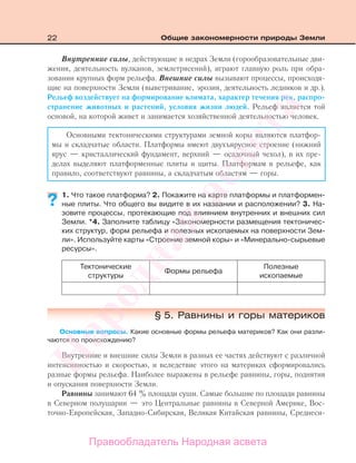 22 Общие закономерности природы Земли
Внутренние силы, действующие в недрах Земли (горообразовательные дви-
жения, деятельность вулканов, землетрясений), играют главную роль при обра-
зовании крупных форм рельефа. Внешние силы вызывают процессы, происходя-
щие на поверхности Земли (выветривание, эрозия, деятельность ледников и др.).
Рельеф воздействует на формирование климата, характер течения рек, распро-
странение животных и растений, условия жизни людей. Рельеф является той
основой, на которой живет и занимается хозяйственной деятельностью человек.
Основными тектоническими структурами земной коры являются платфор-
мы и складчатые области. Платформы имеют двухъярусное строение (нижний
ярус — кристаллический фундамент, верхний — осадочный чехол), в их пре-
делах выделяют платформенные плиты и щиты. Платформам в рельефе, как
правило, соответствуют равнины, а складчатым областям — горы.
1. Что такое платформа? 2. Покажите на карте платформы и платформен-
ные плиты. Что общего вы видите в их названии и расположении? 3. На-
зовите процессы, протекающие под влиянием внутренних и внешних сил
Земли. *4. Заполните таблицу «Закономерности размещения тектоничес-
ких структур, форм рельефа и полезных ископаемых на поверхности Зем-
ли». Используйте карты «Строение земной коры» и «Минерально-сырьевые
ресурсы».
Тектонические
структуры
Формы рельефа
Полезные
ископаемые
§ 5. Равнины и горы материков
Основные вопросы. Какие основные формы рельефа материков? Как они разли-
чаются по происхождению?
Внутренние и внешние силы Земли в разных ее частях действуют с различной
интенсивностью и скоростью, и вследствие этого на материках сформировались
разные формы рельефа. Наиболее выражены в рельефе равнины, горы, поднятия
и опускания поверхности Земли.
Равнины занимают 64 % площади суши. Самые большие по площади равнины
в Северном полушарии — это Центральные равнины в Северной Америке, Вос-
точно-Европейская, Западно-Сибирская, Великая Китайская равнины, Среднеси-
??
Правообладатель Народная асвета
Народная
асвета
 