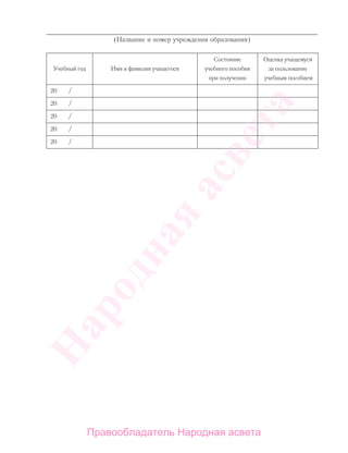 ______________________________________________________________
(Название и номер учреждения образования)
Учебный год Имя и фамилия учащегося
Состояние
учебного пособия
при получении
Оценка учащемуся
за пользование
учебным пособием
20 /
20 /
20 /
20 /
20 /
Правообладатель Народная асвета
Народная
асвета
 