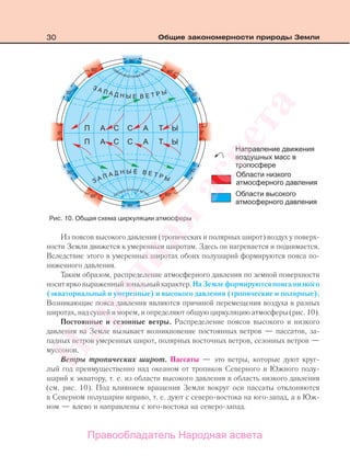 30 Общие закономерности природы Земли
Из поясов высокого давления (тропических и полярных широт) воздух у поверх-
ности Земли движется к умеренным широтам. Здесь он нагревается и поднимается.
Вследствие этого в умеренных широтах обоих полушарий формируются пояса по-
ниженного давления.
Таким образом, распределение атмосферного давления по земной поверхности
носитярковыраженныйзональныйхарактер.НаЗемлеформируютсяпоясанизкого
(экваториальный и умеренные) и высокого давления (тропические и полярные).
Возникающие пояса давления являются причиной перемещения воздуха в разных
широтах, над сушей и морем, и определяют общую циркуляцию атмосферы (рис. 10).
Постоянные и сезонные ветры. Распределение поясов высокого и низкого
давления на Земле вызывает возникновение постоянных ветров — пассатов, за-
падных ветров умеренных широт, полярных восточных ветров, сезонных ветров —
муссонов.
Ветры тропических широт. Пассаты — это ветры, которые дуют круг-
лый год преимущественно над океаном от тропиков Северного и Южного полу-
шарий к экватору, т. е. из области высокого давления в область низкого давления
(см. рис. 10). Под влиянием вращения Земли вокруг оси пассаты отклоняются
в Северном полушарии вправо, т. е. дуют с северо-востока на юго-запад, а в Юж-
ном — влево и направлены с юго-востока на северо-запад.
Рис. 10. Общая схема циркуляции атмосферы
Правообладатель Народная асвета
Народная
асвета
 