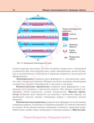 34 Общие закономерности природы Земли
ческие) воздушные массы (рис. 13). Они отличаются, прежде всего, температурой
и влажностью. Все типы воздушных масс, кроме экваториальных, делятся на мор-
ские и континентальные в зависимости от характера поверхности, над которой они
сформировались.
Экваториальная воздушная масса формируется в экваториальных широ-
тах, поясе пониженного давления. Обладает достаточно высокими температурами
и влажностью, близкой к максимальной, и над сушей, и над морем.
Континентальная тропическая воздушная масса формируется в цен-
тральной части материков в тропических широтах. Она обладает высокой тем-
пературой, низкой влажностью, сильной запыленностью. Морская тропи-
ческая воздушная масса образуется над океанами в тропических широтах, где
преобладают довольно высокие температуры воздуха и отмечается высокая
влажность.
Континентальная умеренная воздушная масса формируется над материками
в умеренных широтах, господствует в Северном полушарии. Ее свойства изменяются
по сезонам. Летом довольно высокая температура и влажность, характерны осадки.
Зимой низкие и крайне низкие температуры и невысокая влажность. Морская уме-
Рис. 13. Зональные типы воздушных масс
Правообладатель Народная асвета
Народная
асвета
 