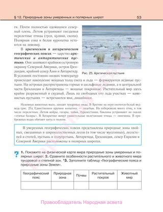 53
ги. Почти полностью одомашнен север-
ный олень. Летом устраивают гнездовья
перелетные птицы (гуси, кулики, скопа).
Полярная сова и белая куропатка оста-
ются на зимовку.
В арктическом и антарктическом
географических поясах — царство арк-
тических и антарктических пус-
тынь. Они занимают крайнюю островную
окраину Северной Америки, остров Грен-
ландия, крайний север Азии и Антарктиду.
В условиях постоянно низких температур
происходит накопление мощных толщ снега и льда — формируются ледяные пус-
тыни. На островах распространены горные и шельфовые ледники, а в центральной
части Гренландии и Антарктиды — мощные покровные. Растительный мир здесь
крайне разреженный и скудный. Лишь на свободных ото льда участках — каме-
нистых пустынях — встречаются мхи, лишайники.
Наземных животных мало, заходят тундровые виды. В Арктике на нерп охотится белый мед-
ведь (рис. 25). Единственное крупное копытное — овцебык. На побережьях много птиц, в том
числе перелетных. Летом кайры, гагары, чайки, буревестники, бакланы устраивают на скалах
«птичьи базары». В Антарктике живут удивительные нелетающие птицы — пингвины. В при-
брежных водах обитают киты и тюлени.
В умеренных географических поясах представлены природные зоны хвой-
ных, смешанных и широколиственных лесов (в том числе муссонных), лесосте-
пей и степей, пустынь и полупустынь. Антарктида, Гренландия, север Евразии и
Северной Америки расположены в полярных широтах.
1. Покажите на физической карте мира природные зоны умеренных и по-
лярных широт. 2. Сравните особенности растительного и животного мира
тундровой и степной зон. *3. Заполните таблицу «Географические пояса и
природные зоны Земли».
Географический
пояс
Природная
зона
Почвы
Растительный
покров
Животный
мир
??
Рис. 25. Арктическая пустыня
§ 12. Природные зоны умеренных и полярных широт
Правообладатель Народная асвета
Народная
асвета
 