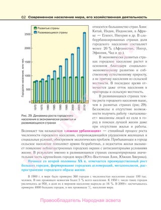 62 Современное население мира, его хозяйственная деятельность
относится большинство стран Азии:
Китай, Индия, Индонезия, в Афри-
ке — Египет, Нигерия и др. В сла-
боурбанизированных странах доля
городского населения составляет
менее 20 % (Афганистан, Нигер,
Эфиопия, Чад и др.).
В экономически развитых стра-
нах городское население растет в
основном благодаря социально-
экономическому развитию и соб-
ственному естественному приросту,
а не притоку населения из сельской
местности. В последнее время от-
мечается даже отток населения в
пригороды и сельскую местность.
В развивающихся странах тем-
пы роста городского населения выше,
чем в развитых странах (рис. 29).
Безземелье и отсутствие возмож-
ности получить работу «выталкива-
ет» миллионы людей из села в го-
род в поисках лучшей жизни даже
при отсутствии жилья и работы.
Возникает так называемая «ложная урбанизация» — стихийный процесс роста
численности городского населения, сопровождающийся ухудшением жилищных и
социальных условий, обострением экологических проблем. Прибывающее в города
сельское население пополняет армию безработных, а недостаток жилья вызыва-
ет появление неблагоустроенных городских окраин с антисанитарными условиями
жизни. В результате именно в развивающихся странах сконцентрирована значи-
тельная часть крупнейших городов мира (Юго-Восточная Азия, Южная Америка).
Начиная со второй половины XX в. отмечается преимущественный рост
больших городов, формирование городских агломераций, мегалополисов, рас-
пространение городского образа жизни.
В 1900 г. в мире было примерно 360 городов с численностью населения свыше 100 тыс.
человек. В них проживало немногим более 5 % всего населения. К 1950 г. число таких городов
увеличилось до 950, а доля их в мировом населении выросла до 16 %. В 2000 г. насчитывалось
примерно 4000 больших городов, в них проживала 1
/3 населения мира.
Рис. 29. Динамика роста городского
населения в экономически развитых и
развивающихся странах
Правообладатель Народная асвета
Народная
асвета
 