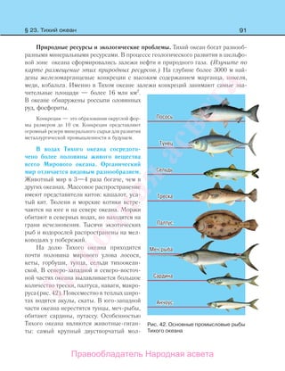 91§ 23. Тихий океан
Природные ресурсы и экологические проблемы. Тихий океан богат разнооб-
разными минеральными ресурсами. В процессе геологического развития в шельфо-
вой зоне океана сформировались залежи нефти и природного газа. (Изучите по
карте размещение этих природных ресурсов.) На глубине более 3000 м най-
дены железомарганцевые конкреции с высоким содержанием марганца, никеля,
меди, кобальта. Именно в Тихом океане залежи конкреций занимают самые зна-
чительные площади — более 16 млн км2
.
В океане обнаружены россыпи оловянных
руд, фосфориты.
Конкреции — это образования округлой фор-
мы размером до 10 см. Конкреции представляют
огромный резерв минерального сырья для развития
металлургической промышленности в будущем.
В водах Тихого океана сосредото-
чено более половины живого вещества
всего Мирового океана. Органический
мир отличается видовым разнообразием.
Животный мир в 3—4 раза богаче, чем в
других океанах. Массовое распространение
имеют представители китов: кашалот, уса-
тый кит. Тюлени и морские котики встре-
чаются на юге и на севере океана. Моржи
обитают в северных водах, но находятся на
грани исчезновения. Тысячи экзотических
рыб и водорослей распространены на мел-
ководьях у побережий.
На долю Тихого океана приходится
почти половина мирового улова лосося,
кеты, горбуши, тунца, сельди тихоокеан-
ской. В северо-западной и северо-восточ-
ной частях океана вылавливается большое
количество трески, палтуса, наваги, макро-
руса (рис. 42). Повсеместно в теплых широ-
тах водятся акулы, скаты. В юго-западной
части океана нерестятся тунцы, меч-рыбы,
обитают сардины, путассу. Особенностью
Тихого океана являются животные-гиган-
ты: самый крупный двустворчатый мол-
Рис. 42. Основные промысловые рыбы
Тихого океана
Правообладатель Народная асвета
Народная
асвета
 