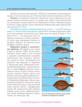 99
Средняя соленость невысокая (25—29 ‰) из-за впадения в океан многочис-
ленных, в том числе крупных, рек. У берегов Азии соленость понижается до 20 ‰.
Течения на поверхности Северного Ледовитого океана образуются под дей-
ствием сильных восточных ветров, но главную роль играет поток атлантических
вод, приходящих с запада в виде теплого Норвежского течения. Наиболее сильные
волнения и самые высокие волны свойственны Норвежскому морю. Высота волн
здесь достигает 5—10 м.
Своеобразие природы Северного Ледовитого океана — это льды, покрыва-
ющие его значительные пространства. Более 80 % площади центральных райо-
нов океана занимают многолетние льды. Чаще всего они имеют толщину 4—6 м.
Около 10 % — это однолетние льды. От
крупных ледников на островах отрывают-
ся глыбы льда, образующие большие по
размерам айсберги. В открытом океане
дрейфуют огромные льдины.
Природные ресурсы и экологичес-
кие проблемы. Шельфовая зона океана
у берегов Канады, США, России имеет
огромные запасы нефти и газа. В связи
с суровыми климатическими условиями
органический мир Северного Ледови-
того океана не богат. Разнообразие его
снижается при движении от Баренцева
к Чукотскому морю. (Объясните поче-
му.) В Баренцевом море, у берегов Ислан-
дии и в море Баффина ежегодно вылав-
ливается свыше 12 млн т сельди, трески,
палтуса, морского окуня и других рыб.
Развитие жизни в океане ограничивает ог-
ромная масса льда. Исключение составля-
ют Норвежское, Баренцево и Белое моря.
Символом Северного Ледовитого океана
является белый медведь, тесно связанный
своим образом жизни с дрейфующими
льдами. Из промысловых рыб наиболее
значимы треска, лосось, камбаловые (пал-
тус), пикша. Основные обитатели: навага,
нельма, сиг, мойва (рис. 46).
Рис. 46. Основные промысловые рыбы
Северного Ледовитого океана
§ 26. Северный Ледовитый океан
Правообладатель Народная асвета
Народная
асвета
 