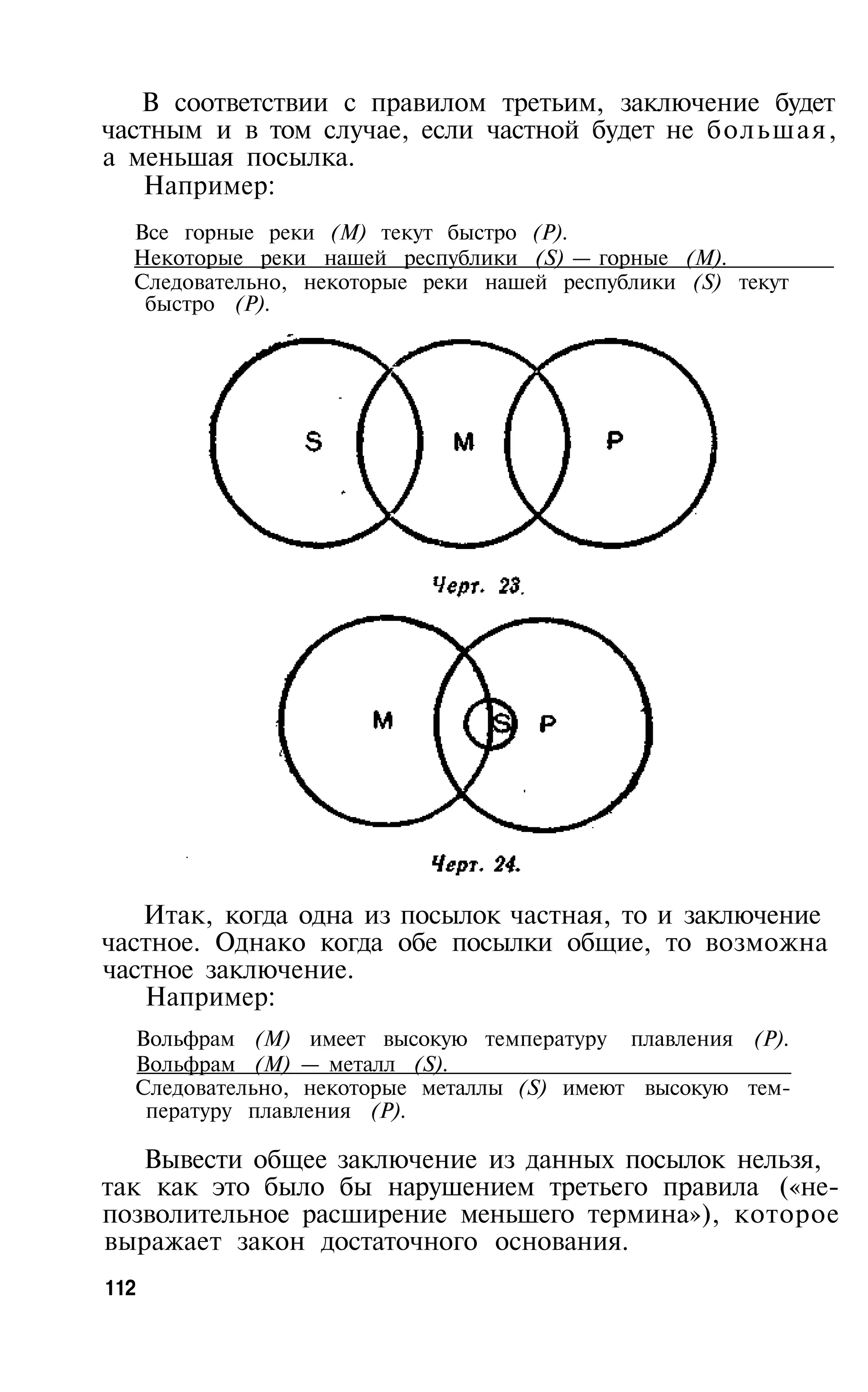 В соответствии с правилом третьим, заключение будет
частным и в том случае, если частной будет не большая,
а меньшая посылка.
   Например:
  Все горные реки (М) текут быстро (Р).
  Некоторые реки нашей республики (S) — горные (М).
  Следовательно, некоторые реки нашей республики (S) текут
   быстро (Р).




   Итак, когда одна из посылок частная, то и заключение
частное. Однако когда обе посылки общие, то возможна
частное заключение.
   Например:
  Вольфрам (М) имеет высокую температуру плавления (Р).
  Вольфрам (М) — металл (S).
  Следовательно, некоторые металлы (S) имеют высокую тем­
   пературу плавления (Р).

   Вывести общее заключение из данных посылок нельзя,
так как это было бы нарушением третьего правила («не­
позволительное расширение меньшего термина»), которое
выражает закон достаточного основания.
112
 