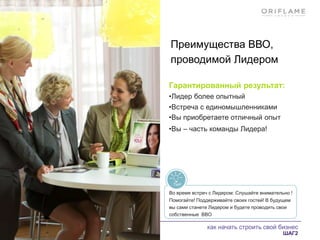 как начать строить свой бизнес
ШАГ2
Преимущества ВВО,
проводимой Лидером
Гарантированный результат:
•Лидер более опытный
•Встреча с единомышленниками
•Вы приобретаете отличный опыт
•Вы – часть команды Лидера!
Во время встреч с Лидером: Слушайте внимательно !
Помогайте! Поддерживайте своих гостей! В будущем
вы сами станете Лидером и будете проводить свои
собственные ВВО
 