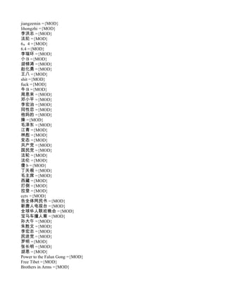 jiangzemin ={MOD}
lihongzhi ={MOD}
李洪志 ={MOD}
法抡 ={MOD}
6。4 ={MOD}
6.4 ={MOD}
李瑞环 ={MOD}
小 B ={MOD}
胡锦涛 ={MOD}
赵化勇 ={MOD}
王八 ={MOD}
shit ={MOD}
fuck ={MOD}
牛 B ={MOD}
周恩来 ={MOD}
邓小平 ={MOD}
李宏治 ={MOD}
同性恋 ={MOD}
他妈的 ={MOD}
操 ={MOD}
毛泽东 ={MOD}
江青 ={MOD}
林彪 ={MOD}
变态 ={MOD}
共产党 ={MOD}
国民党 ={MOD}
法轮 ={MOD}
法伦 ={MOD}
傻 b ={MOD}
丁关根 ={MOD}
毛主席 ={MOD}
西藏 ={MOD}
打倒 ={MOD}
拉登 ={MOD}
cctv ={MOD}
告全体网民书 ={MOD}
新唐人电视台 ={MOD}
全球华人联欢晚会 ={MOD}
宝马车撞人案 ={MOD}
孙大午 ={MOD}
朱胜文 ={MOD}
李宏志 ={MOD}
民进党 ={MOD}
罗明 ={MOD}
张长明 ={MOD}
胡恩 ={MOD}
Power to the Falun Gong ={MOD}
Free Tibet ={MOD}
Brothers in Arms ={MOD}
 