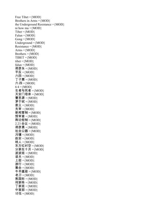 Free Tibet ={MOD}
Brothers in Arms ={MOD}
the Underground Resistance ={MOD}
ni how ma ={MOD}
Tibet ={MOD}
Falun ={MOD}
Gong ={MOD}
Underground ={MOD}
Resistance ={MOD}
Arms ={MOD}
Brothers ={MOD}
TIBET ={MOD}
tibet ={MOD}
falun ={MOD}
蒋彦永 ={MOD}
平反 ={MOD}
六四 ={MOD}
丁子霖 ={MOD}
六·四 ={MOD}
6·4 ={MOD}
生者与死者 ={MOD}
天安门母亲 ={MOD}
曹思源 ={MOD}
茅于轼 ={MOD}
娄义 ={MOD}
先审 ={MOD}
新闻管制 ={MOD}
预审查 ={MOD}
舆论钳制 ={MOD}
2.23 会议 ={MOD}
蒋彦勇 ={MOD}
社会公器 ={MOD}
冯骥 ={MOD}
赵安 ={MOD}
线人 ={MOD}
东方红时空 ={MOD}
分家在十月 ={MOD}
波波娃 ={MOD}
诺夫 ={MOD}
上街 ={MOD}
游行 ={MOD}
集会 ={MOD}
牛羊瘟疫 ={MOD}
老刀 ={MOD}
焦国标 ={MOD}
何家栋 ={MOD}
丁家班 ={MOD}
中宣部 ={MOD}
讨伐 ={MOD}
 