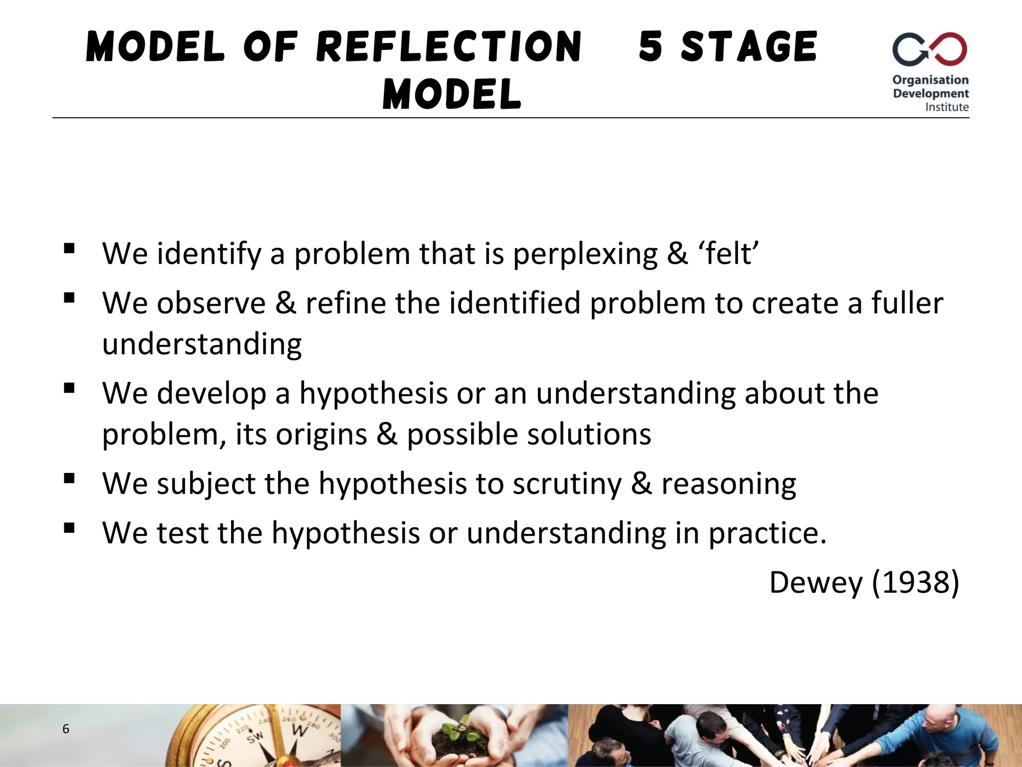 Model of Reflection – 5 stage
model
 We identify a problem that is perplexing & ‘felt’
 We observe & refine the identified problem to create a fuller
understanding
 We develop a hypothesis or an understanding about the
problem, its origins & possible solutions
 We subject the hypothesis to scrutiny & reasoning
 We test the hypothesis or understanding in practice.
Dewey (1938)
6
 