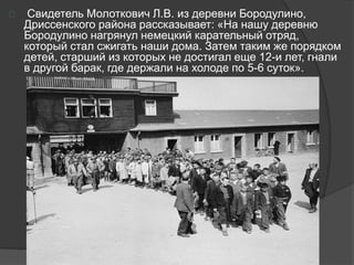  Свидетель Молоткович Л.В. из деревни Бородулино, 
Дриссенского района рассказывает: «На нашу деревню 
Бородулино нагрянул немецкий карательный отряд, 
который стал сжигать наши дома. Затем таким же порядком 
детей, старший из которых не достигал еще 12-и лет, гнали 
в другой барак, где держали на холоде по 5-6 суток». 
 