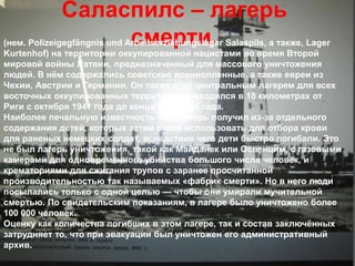 Саласпилс – лагерь 
смерти. (нем. Polizeigegfängnis und Arbeitserziehungslager Salaspils, а также, Lager 
Kurtenhof) на территории оккупированной нацистами во время Второй 
мировой войны Латвии, предназначенный для массового уничтожения 
людей. В нём содержались советские военнопленные, а также евреи из 
Чехии, Австрии и Германии. Он также стал центральным лагерем для всех 
восточных оккупированных территорий. Находился в 18 километрах от 
Риги с октября 1941 года до конца лета 1944 года. 
Наиболее печальную известность этот лагерь получил из-за отдельного 
содержания детей, которых затем стали использовать для отбора крови 
для раненых немецких солдат, вследствие чего дети быстро погибали. Это 
не был лагерь уничтожения, такой как Майданек или Освенцим, с газовыми 
камерами для одновременного убийства большого числа человек, и 
крематориями для сжигания трупов с заранее просчитанной 
производительностью так называемых «фабрик смерти». Но в него люди 
посылались только с одной целью — чтобы они умирали мучительной 
смертью. По свидетельским показаниям, в лагере было уничтожено более 
100 000 человек. 
Оценку как количества погибших в этом лагере, так и состав заключённых 
затрудняет то, что при эвакуации был уничтожен его административный 
архив. 
 