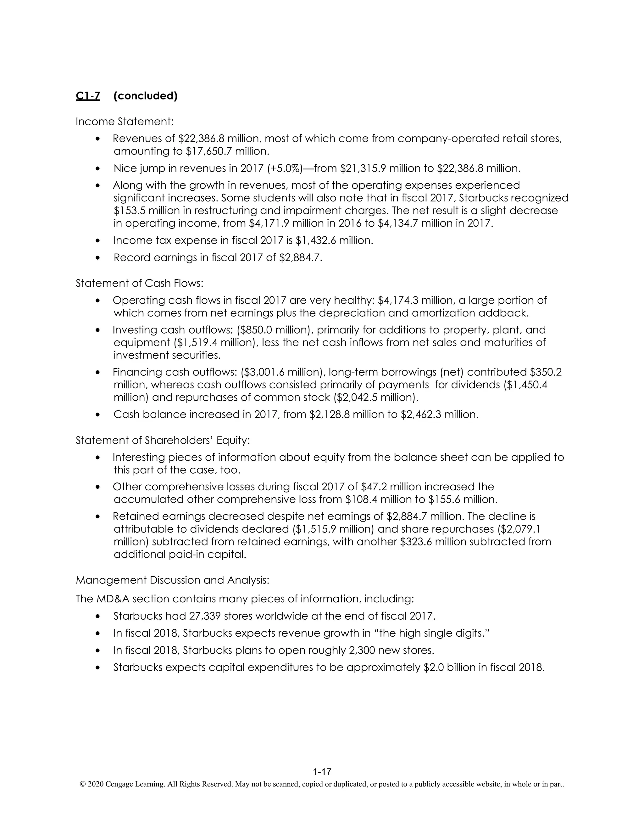 1-17
© 2020 Cengage Learning. All Rights Reserved. May not be scanned, copied or duplicated, or posted to a publicly accessible website, in whole or in part.
C1-7 (concluded)
Income Statement:
• Revenues of $22,386.8 million, most of which come from company-operated retail stores,
amounting to $17,650.7 million.
• Nice jump in revenues in 2017 (+5.0%)—from $21,315.9 million to $22,386.8 million.
• Along with the growth in revenues, most of the operating expenses experienced
significant increases. Some students will also note that in fiscal 2017, Starbucks recognized
$153.5 million in restructuring and impairment charges. The net result is a slight decrease
in operating income, from $4,171.9 million in 2016 to $4,134.7 million in 2017.
• Income tax expense in fiscal 2017 is $1,432.6 million.
• Record earnings in fiscal 2017 of $2,884.7.
Statement of Cash Flows:
• Operating cash flows in fiscal 2017 are very healthy: $4,174.3 million, a large portion of
which comes from net earnings plus the depreciation and amortization addback.
• Investing cash outflows: ($850.0 million), primarily for additions to property, plant, and
equipment ($1,519.4 million), less the net cash inflows from net sales and maturities of
investment securities.
• Financing cash outflows: ($3,001.6 million), long-term borrowings (net) contributed $350.2
million, whereas cash outflows consisted primarily of payments for dividends ($1,450.4
million) and repurchases of common stock ($2,042.5 million).
• Cash balance increased in 2017, from $2,128.8 million to $2,462.3 million.
Statement of Shareholders’ Equity:
• Interesting pieces of information about equity from the balance sheet can be applied to
this part of the case, too.
• Other comprehensive losses during fiscal 2017 of $47.2 million increased the
accumulated other comprehensive loss from $108.4 million to $155.6 million.
• Retained earnings decreased despite net earnings of $2,884.7 million. The decline is
attributable to dividends declared ($1,515.9 million) and share repurchases ($2,079.1
million) subtracted from retained earnings, with another $323.6 million subtracted from
additional paid-in capital.
Management Discussion and Analysis:
The MD&A section contains many pieces of information, including:
• Starbucks had 27,339 stores worldwide at the end of fiscal 2017.
• In fiscal 2018, Starbucks expects revenue growth in “the high single digits.”
• In fiscal 2018, Starbucks plans to open roughly 2,300 new stores.
• Starbucks expects capital expenditures to be approximately $2.0 billion in fiscal 2018.
 