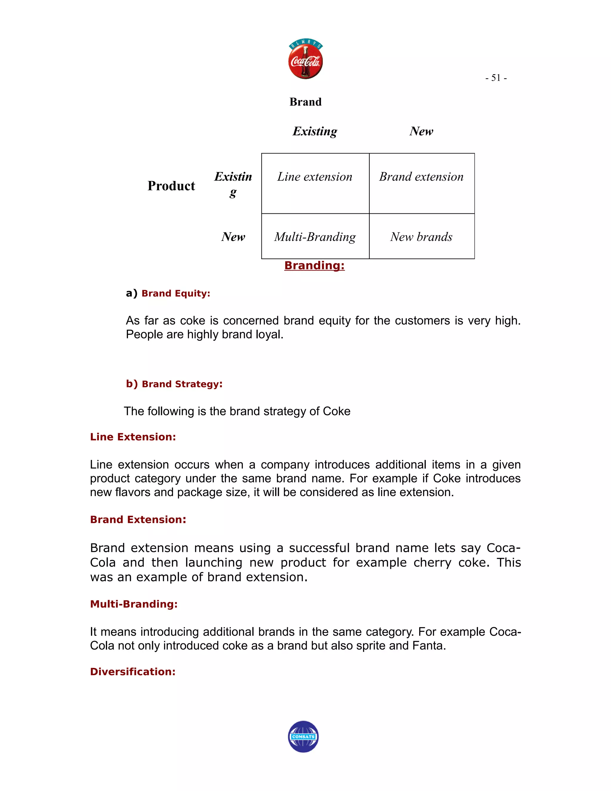 - 51 -

                                     Brand

                                      Existing           New


                         Existin   Line extension   Brand extension
          Product          g


                          New      Multi-Branding     New brands

                                    Branding:

      a) Brand Equity:

      As far as coke is concerned brand equity for the customers is very high.
      People are highly brand loyal.



      b) Brand Strategy:

      The following is the brand strategy of Coke

Line Extension:

Line extension occurs when a company introduces additional items in a given
product category under the same brand name. For example if Coke introduces
new flavors and package size, it will be considered as line extension.

Brand Extension:

Brand extension means using a successful brand name lets say Coca-
Cola and then launching new product for example cherry coke. This
was an example of brand extension.

Multi-Branding:

It means introducing additional brands in the same category. For example Coca-
Cola not only introduced coke as a brand but also sprite and Fanta.

Diversification:
 
