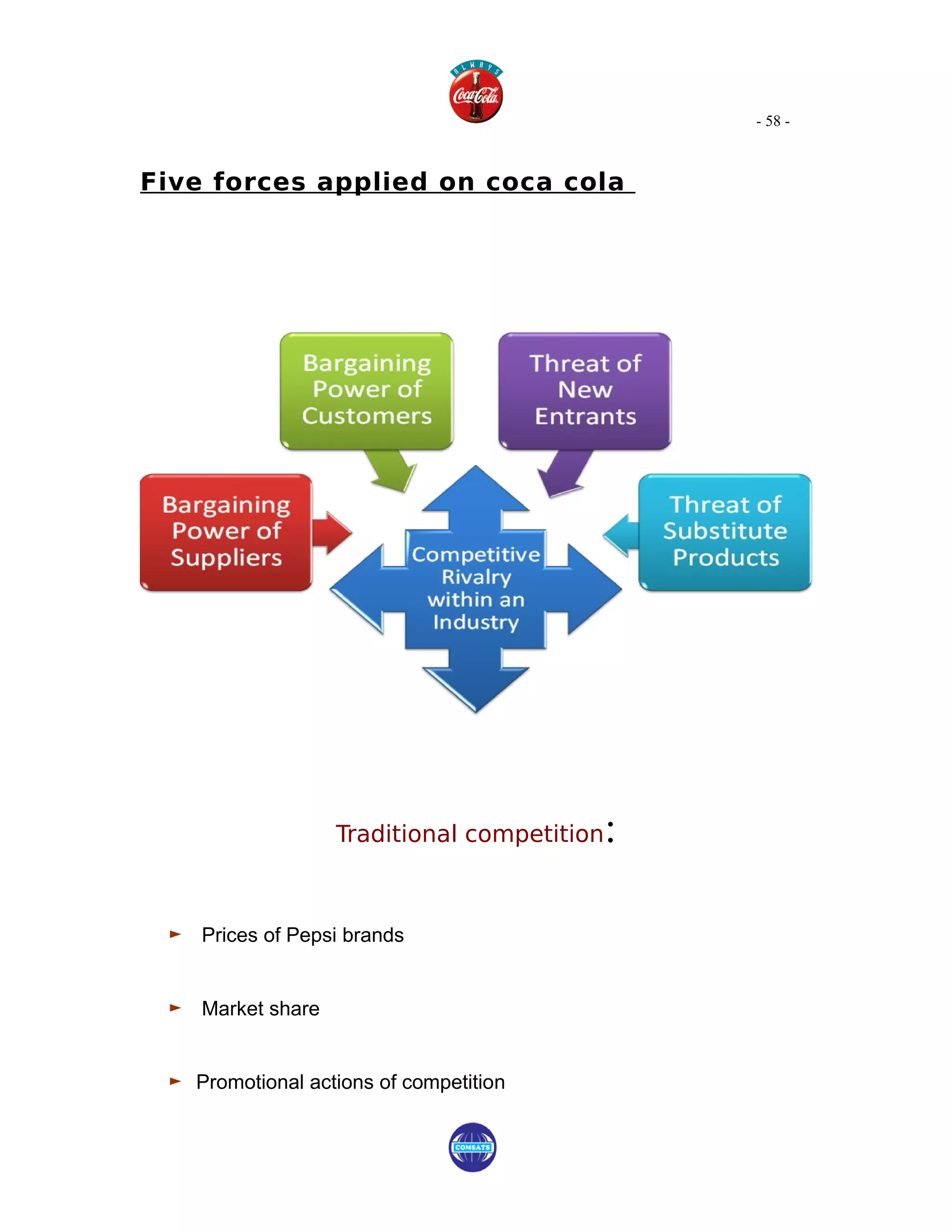 - 58 -



Five forces applied on coca cola




                  Traditional competition   :

 ► Prices of Pepsi brands

 ► Market share

 ► Promotional actions of competition
 