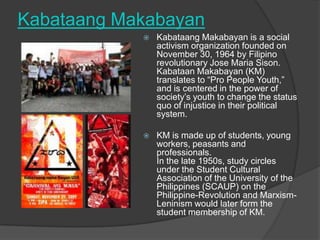 Kabataang Makabayan


Kabataang Makabayan is a social
activism organization founded on
November 30, 1964 by Filipino
revolutionary Jose Maria Sison.
Kabataan Makabayan (KM)
translates to “Pro People Youth,”
and is centered in the power of
society‟s youth to change the status
quo of injustice in their political
system.



KM is made up of students, young
workers, peasants and
professionals.
In the late 1950s, study circles
under the Student Cultural
Association of the University of the
Philippines (SCAUP) on the
Philippine-Revolution and MarxismLeninism would later form the
student membership of KM.

 