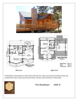 Main Level                                                   Upper Level



The Woodlawn custom log home is 1955 sf 3bd, 2 bath two story. Enjoy a very private second floor master suite
complete with a walk-in closet, jacuzzi tub and shower, loft area, and an abundance of natural light.




                                                    The Woodlawn                   1945 sf
 