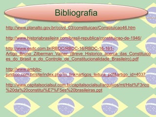 Bibliografia
http://www.planalto.gov.br/ccivil_03/constituicao/Constituicao46.htm
http://www.historiabrasileira.com/brasil-republica/constituicao-de-1946/
http://www.esdc.com.br/RBDC/RBDC-16/RBDC-16-161-
Artigo_Bruno_Zilberman_Vainer_(Breve_Historico_acerca_das_Constituico
es_do_Brasil_e_do_Controle_de_Constitucionalidade_Brasileiro).pdf
http://www.ambito-
juridico.com.br/site/index.php?n_link=artigos_leitura_pdf&artigo_id=4037
http://www.capitalsocialsul.com.br/capitalsocialsul/arquivos/mt/Hist%F3rico
%20da%20constitui%E7%F5es%20brasileiras.ppt
 