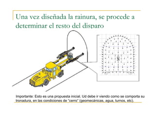 Una vez diseñada la rainura, se procede a
determinar el resto del disparo
Importante: Esto es una propuesta inicial. Ud debe ir viendo como se comporta su
tronadura, en las condiciones de “cerro” (geomecánicas, agua, turnos, etc).
 