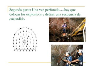 Segunda parte: Una vez perforado….hay que
colocar los explosivos y definir una secuencia de
encendido
 