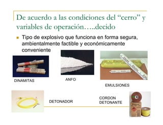 De acuerdo a las condiciones del “cerro” y
variables de operación…..decido
 Tipo de explosivo que funciona en forma segura,
ambientalmente factible y económicamente
conveniente
DINAMITAS ANFO
EMULSIONES
CORDON
DETONANTEDETONADOR
 