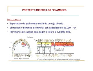 PROYECTO MINERO LOS PELAMBRES
ANTECEDENTES
• Explotación de yacimiento mediante un rajo abierto
• Extracción y beneficio de mineral con capacidad de 85.000 TPD.
• Provisiones de espacio para llegar a futuro a 120.000 TPD.
Túnel para traspaso de mineral desde mina a planta
 