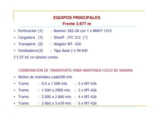 EQUIPOS PRINCIPALES
Frente 3.677 m
• Perforación (1) : Boomer 282-38 con 1 x BMHT 1312
• Cargadora (1) : Shaeff - ITC 312 (*)
• Transporte (5) : Wagner MT -426
• Ventiladores(3) : Tipo Axial 2 x 90 KW
(*) ST 6C en túneles cortos
COMBINACION DE TRANSPORTE PARA MANTENER CICLO DE MARINA
• Nichos de maniobra cada500 mts
• Tramo : 0,0 a 1.500 mts : 2 x MT-426
• Tramo : 1.500 a 2000 mts : 3 x MT-426
• Tramo : 2.000 a 2.860 mts : 4 x MT-426
• Tramo : 2.860 a 3.670 mts : 5 x MT-426
 