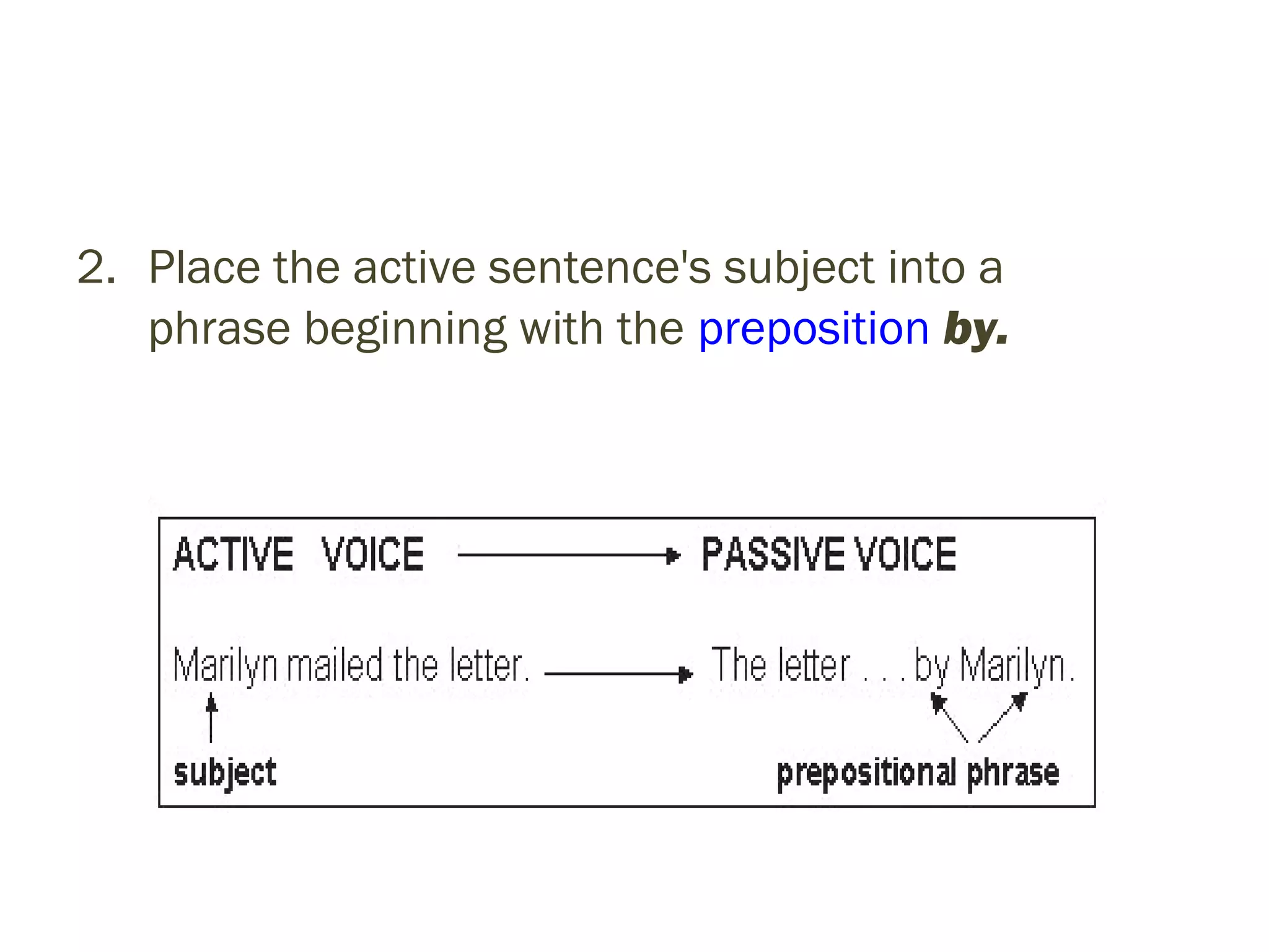 2. Place the active sentence's subject into a 
phrase beginning with the preposition by.
 