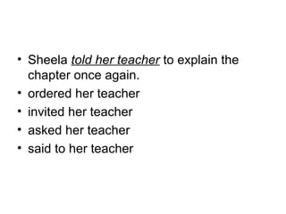 • Sheela told her teacher to explain the 
chapter once again.
• ordered her teacher
• invited her teacher
• asked her teacher
• said to her teacher
 