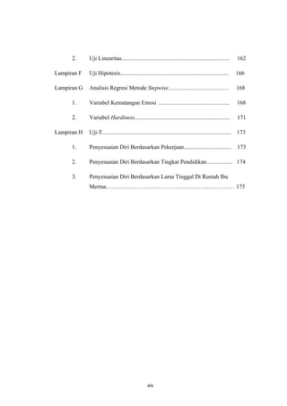 2.     Uji Linearitas...........................................................................        162

Lampiran F   Uji Hipotesis...........................................................................         166

Lampiran G   Analisis Regresi Metode Stepwise..........................................                       168

      1.     Variabel Kematangan Emosi .................................................                      168

      2.     Variabel Hardiness..................................................................             171

Lampiran H   Uji-T.........................................................................................   173

      1.     Penyesuaian Diri Berdasarkan Pekerjaan.................................                          173

      2.     Penyesuaian Diri Berdasarkan Tingkat Pendidikan.................. 174

      3.     Penyesuaian Diri Berdasarkan Lama Tinggal Di Rumah Ibu
             Mertua………………………………………………………… 175




                                                   xiv
 