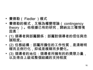 Mգ Fiedler ģʽ MյģʽַQ׃Փ contingency theory еоw{N龳أ (1) IcPSٌIߵc\̶ȡ (2) ΄սYεĹ|_лֻģ׃ (3) IߵĵλIеĵĪԼϼM̶ֳ֧  