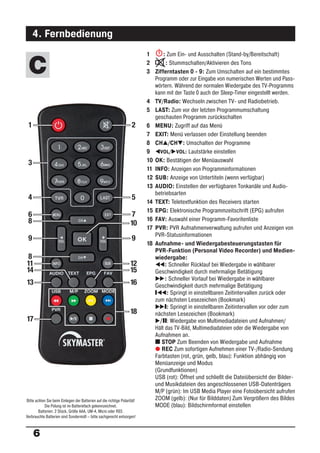 4. Fernbedienung
                                                                           1      : Zum Ein- und Ausschalten (Stand-by/Bereitschaft)

 C                                                                         2       : Stummschalten/Aktivieren des Tons
                                                                           3 Zifferntasten 0 - 9: Zum Umschalten auf ein bestimmtes
                                                                              Programm oder zur Eingabe von numerischen Werten und Pass-
                                                                              wörtern. Während der normalen Wiedergabe des TV-Programms
                                                                              kann mit der Taste 0 auch der Sleep-Timer eingestellt werden.
                                                                           4 TV/Radio: Wechseln zwischen TV- und Radiobetrieb.
                                                                           5 LAST: Zum vor der letzten Programmumschaltung
                                                                              geschauten Programm zurückschalten
 1                                                                   2     6 MENU: Zugriff auf das Menü
                                                                           7 EXIT: Menü verlassen oder Einstellung beenden
                                                                           8 CH /CH : Umschalten der Programme
                                                                           9    VOL/ VOL: Lautstärke einstellen

 3                                                                         10 OK: Bestätigen der Menüauswahl
                                                                           11 INFO: Anzeigen von Programminformationen
                                                                           12 SUB: Anzeige von Untertiteln (wenn verfügbar)
                                                                           13 AUDIO: Einstellen der verfügbaren Tonkanäle und Audio-
                                                                              betriebsarten
 4                                                                   5
                                                                           14 TEXT: Teletextfunktion des Receivers starten
                                                                           15 EPG: Elektronische Programmzeitschrift (EPG) aufrufen
 6                                                                   7
 8                                                                         16 FAV: Auswahl einer Programm-Favoritenliste
                                                                    10
                                                                           17 PVR: PVR Aufnahmenverwaltung aufrufen und Anzeigen von
                                                                              PVR-Statusinformationen
 9                                                                   9
                                                                           18 Aufnahme- und Wiedergabesteuerungstasten für
                                                                              PVR-Funktion (Personal Video Recorder) und Medien-
 8                                                                            wiedergabe:
11                                                                  12             : Schneller Rücklauf bei Wiedergabe in wählbarer
14                                                                  15        Geschwindigkeit durch mehrmalige Betätigung
                                                                                   : Schneller Vorlauf bei Wiedergabe in wählbarer
13                                                                  16        Geschwindigkeit durch mehrmalige Betätigung
                                                                                    : Springt in einstellbaren Zeitintervallen zurück oder
                                                                              zum nächsten Lesezeichen (Bookmark)
                                                                                    : Springt in einstellbaren Zeitintervallen vor oder zum
                                                                    18        nächsten Lesezeichen (Bookmark)
17                                                                              / : Wiedergabe von Multimediadateien und Aufnahmen/
                                                                              Hält das TV-Bild, Multimediadateien oder die Wiedergabe von
                                                                              Aufnahmen an.
                                                                                 STOP Zum Beenden von Wiedergabe und Aufnahme
                                                                              b REC Zum sofortigen Aufnehmen einer TV-/Radio-Sendung
                                                                              Farbtasten (rot, grün, gelb, blau): Funktion abhängig von
                                                                              Menüanzeige und Modus
                                                                              (Grundfunktionen)
                                                                              USB (rot): Öffnet und schließt die Dateiübersicht der Bilder-
                                                                              und Musikdateien des angeschlossenen USB-Datenträgers
                                                                              M/P (grün): Im USB Media Player eine Fotoübersicht aufrufen
Bitte achten Sie beim Einlegen der Batterien auf die richtige Polarität!      ZOOM (gelb): (Nur für Bilddaten) Zum Vergrößern des Bildes
            Die Polung ist im Batteriefach gekennzeichnet.                    MODE (blau): Bildschirmformat einstellen
        Batterien: 2 Stück, Größe AAA, UM-4, Micro oder R03.
Verbrauchte Batterien sind Sondermüll – bitte sachgerecht entsorgen!



     6
 