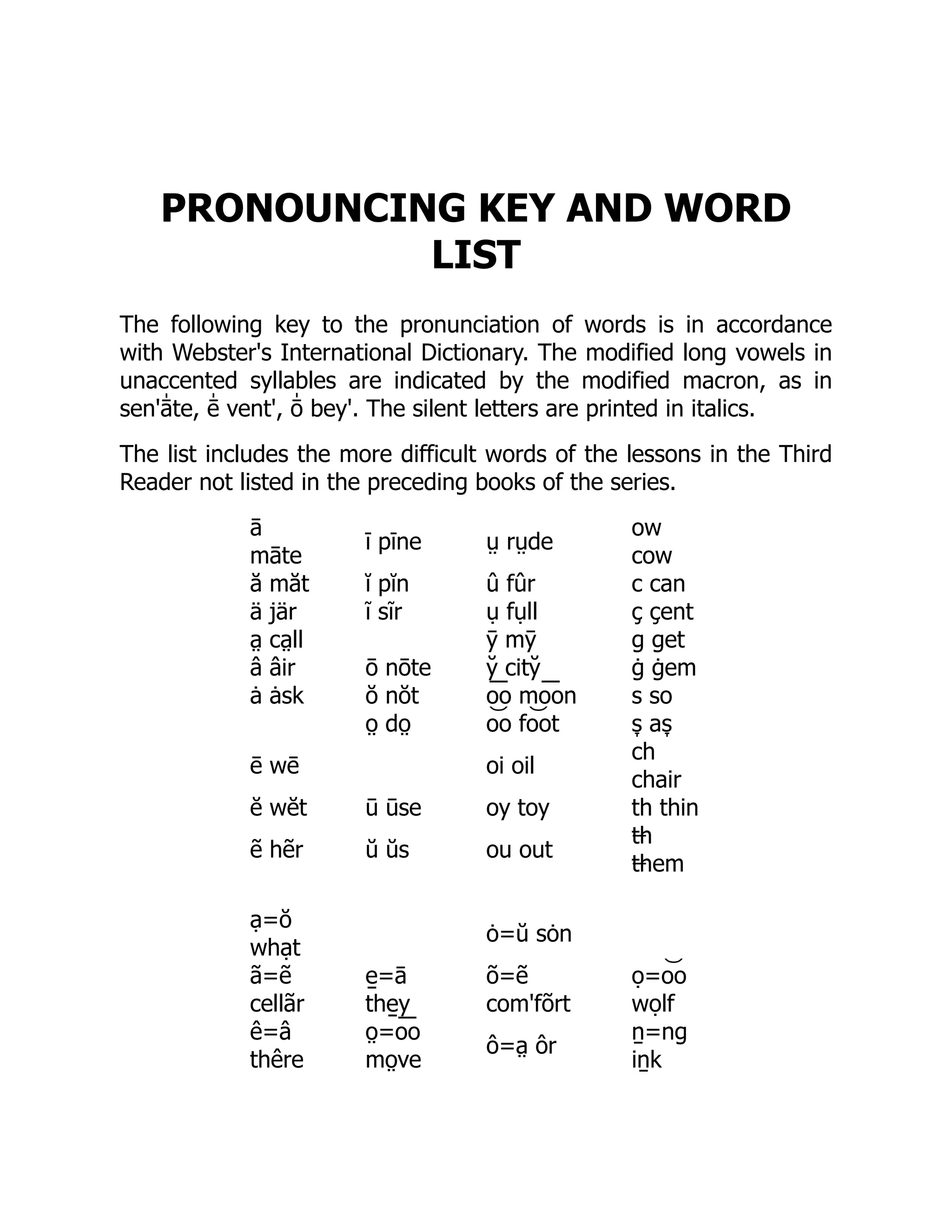 PRONOUNCING KEY AND WORD
LIST
The following key to the pronunciation of words is in accordance
with Webster's International Dictionary. The modified long vowels in
unaccented syllables are indicated by the modified macron, as in
sen'ā̍ te, ē̍ vent', ō̍ bey'. The silent letters are printed in italics.
The list includes the more difficult words of the lessons in the Third
Reader not listed in the preceding books of the series.
ā
māte
ī pīne ṳ rṳde
ow
cow
ă măt ĭ pĭn û fûr c can
ä jär ĩ sĩr ụ fụll ç çent
a̤ ca̤ ll ȳ mȳ g get
â âir ō nōte y̆ city̆ ġ ġem
ȧ ȧsk ŏ nŏt o͞ o mo͞ on s so
o̤ do̤ o͝ o fo͝ ot s̞ as̞
ē wē oi oil
ch
chair
ĕ wĕt ū ūse oy toy th thin
ẽ hẽr ŭ ŭs ou out
t̶h
t̶hem
ạ=ŏ
whạt
ȯ=ŭ sȯn
ã=ẽ
cellãr
e̱ =ā
the̱ y
õ=ẽ
com'fõrt
ọ=o͝ o
wọlf
ê=â
thêre
o̤ =o͞ o
mo̤ ve
ô=a̤ ôr
ṉ=ng
iṉk
 