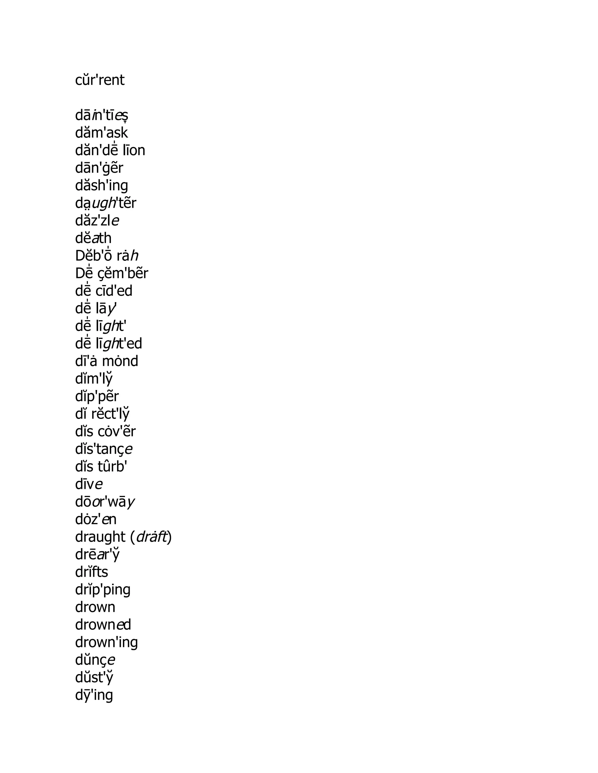 cŭr'rent
dāin'tīes̞
dăm'ask
dăn'dē̍ līon
dān'ġẽr
dăsh'ing
da̤ ugh'tẽr
dăz'zle
dĕath
Dĕb'ō̍ rȧh
Dē̍ çĕm'bẽr
dē̍ cīd'ed
dē̍ lāy'
dē̍ līght'
dē̍ līght'ed
dī'ȧ mȯnd
dĭm'ly̆
dĭp'pẽr
dĭ rĕct'ly̆
dĭs cȯv'ẽr
dĭs'tançe
dĭs tûrb'
dīve
dōor'wāy
dȯz'en
draught (drȧft)
drēar'y̆
drĭfts
drĭp'ping
drown
drowned
drown'ing
dŭnçe
dŭst'y̆
dȳ'ing
 