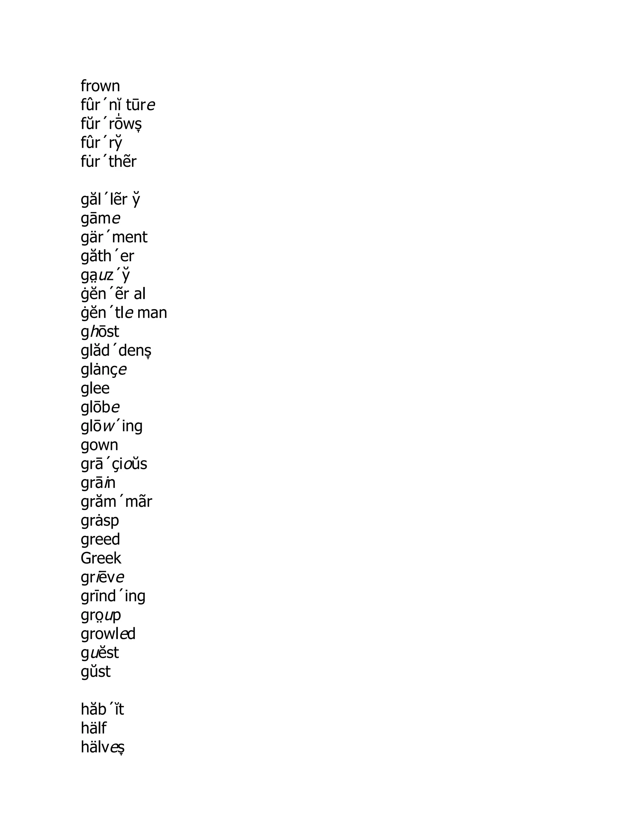 frown
fûr´nĭ tūre
fŭr´rō̍ ws̞
fûr´ry̆
fu̇ r´thẽr
găl´lẽr y̆
gāme
gär´ment
găth´er
ga̤ uz´y̆
ġĕn´ẽr al
ġĕn´tle man
ghōst
glăd´dens̞
glȧnçe
glee
glōbe
glōw´ing
gown
grā´çioŭs
grāin
grăm´mãr
grȧsp
greed
Greek
griēve
grīnd´ing
gro̤ up
growled
guĕst
gŭst
hăb´ĭt
hälf
hälves̞
 