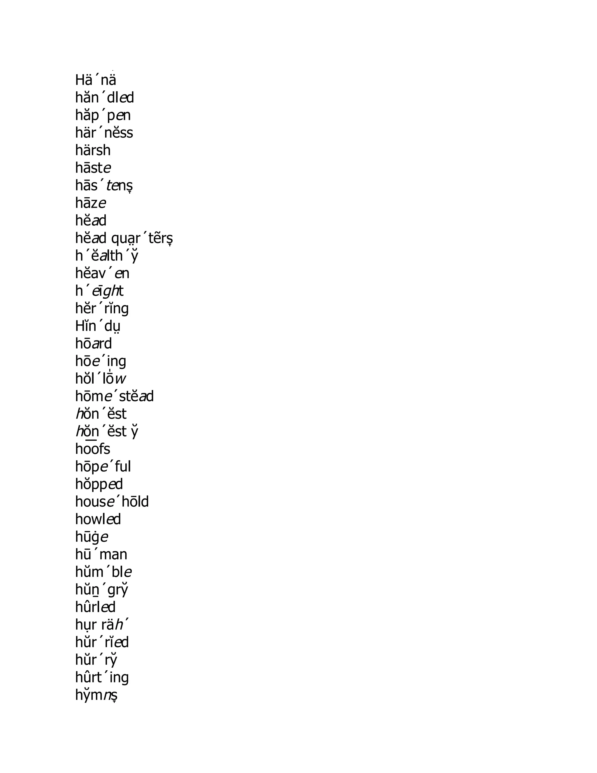 s̞
Hä´nä
hăn´dled
hăp´pen
här´nĕss
härsh
hāste
hās´tens̞
hāze
hĕad
hĕad qua̤ r´tẽrs̞
h´ĕalth´y̆
hĕav´en
h´eīght
hĕr´rĭng
Hĭn´dṳ
hōard
hōe´ing
hŏl´lō̍ w
hōme´stĕad
hŏn´ĕst
hŏn´ĕst y̆
ho͞ ofs
hōpe´ful
hŏpped
house´hōld
howled
hūġe
hū´man
hŭm´ble
hŭṉ´gry̆
hûrled
hụr räh´
hŭr´rĭed
hŭr´ry̆
hûrt´ing
hy̆ mns̞
 
